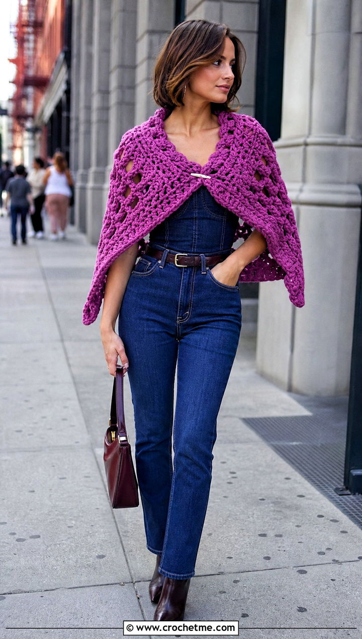 Cropped Crochet Katniss Shawl With Matching Denim - 20 Crochet Katniss Shawl outfit ideas