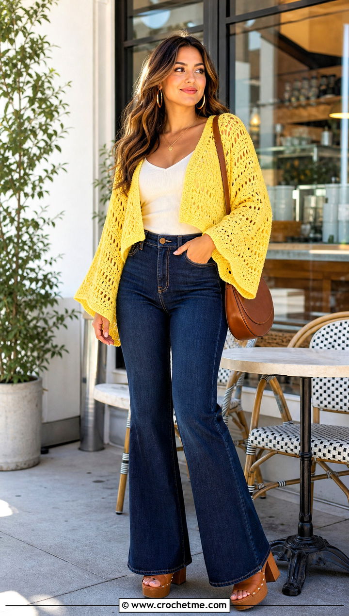 Cropped Crochet Kimono Cardigan With High Waisted Flare Jeans - 35 crochet kimono cardigan outfit ideas