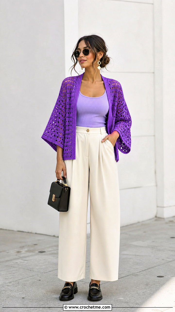 Cropped Crochet Kimono With High Waisted Pants - 35 crochet kimono outfit ideas