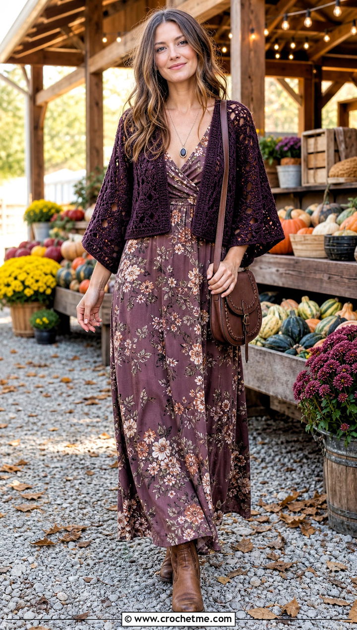 Cropped Crochet Kimono With Maxi Dress And Western Boots - 30 Boho Crochet Kimono outfit ideas