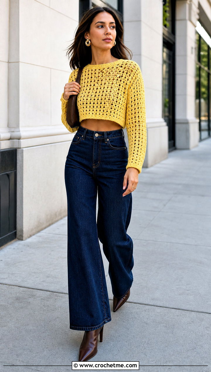 Cropped Crochet Knit Sweater With Wide Leg Jeans - 35 Crochet Knit Sweater outfit ideas