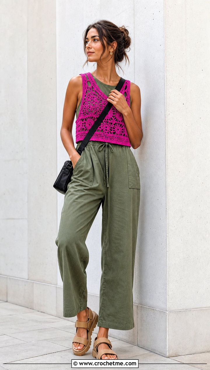 Cropped Crochet Lace Tank Top Over Utility Jumpsuit - 30 crochet lace tank top outfit ideas