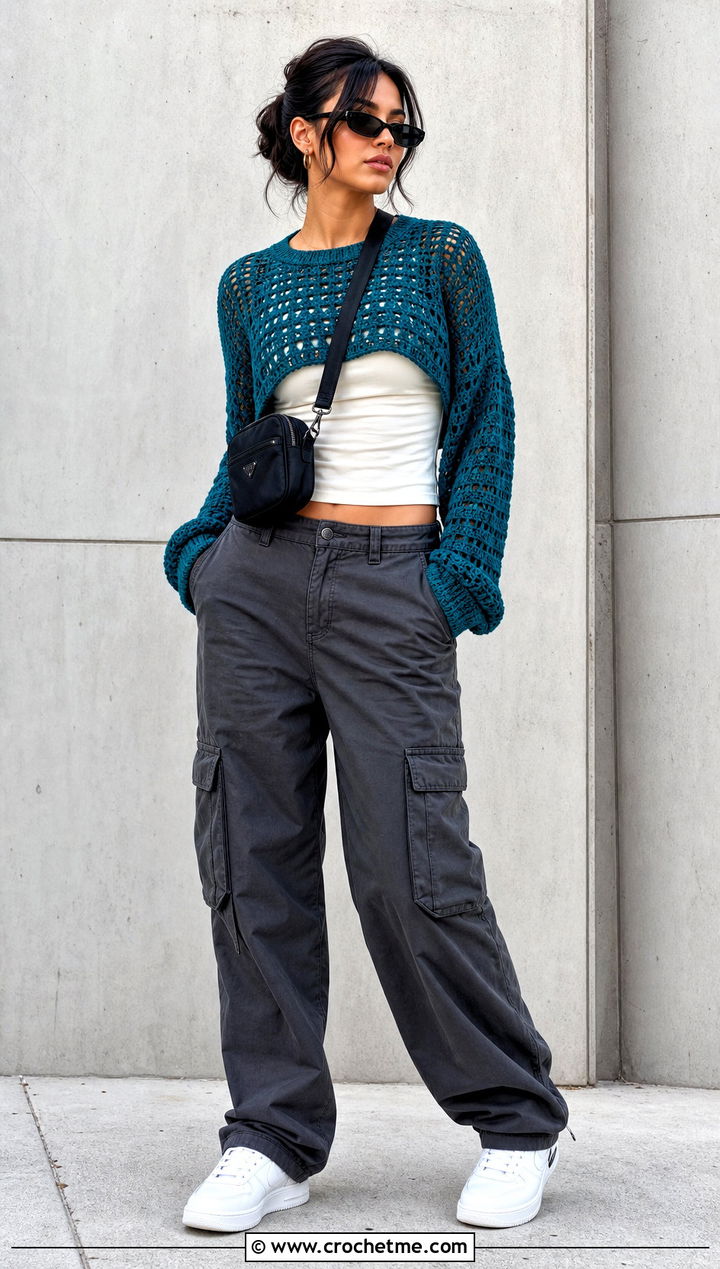Cropped Crochet Long Sleeve Top With Cargo Pants - 25 Easy Crochet Long Sleeve Top outfit ideas