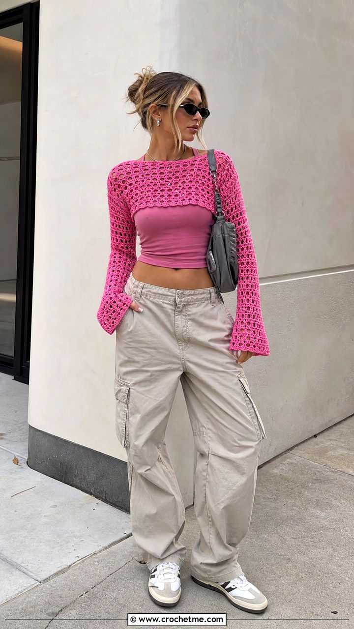 Cropped Crochet Long Sleeve Top With Cargo Pants - 35 crochet long sleeve top outfit ideas