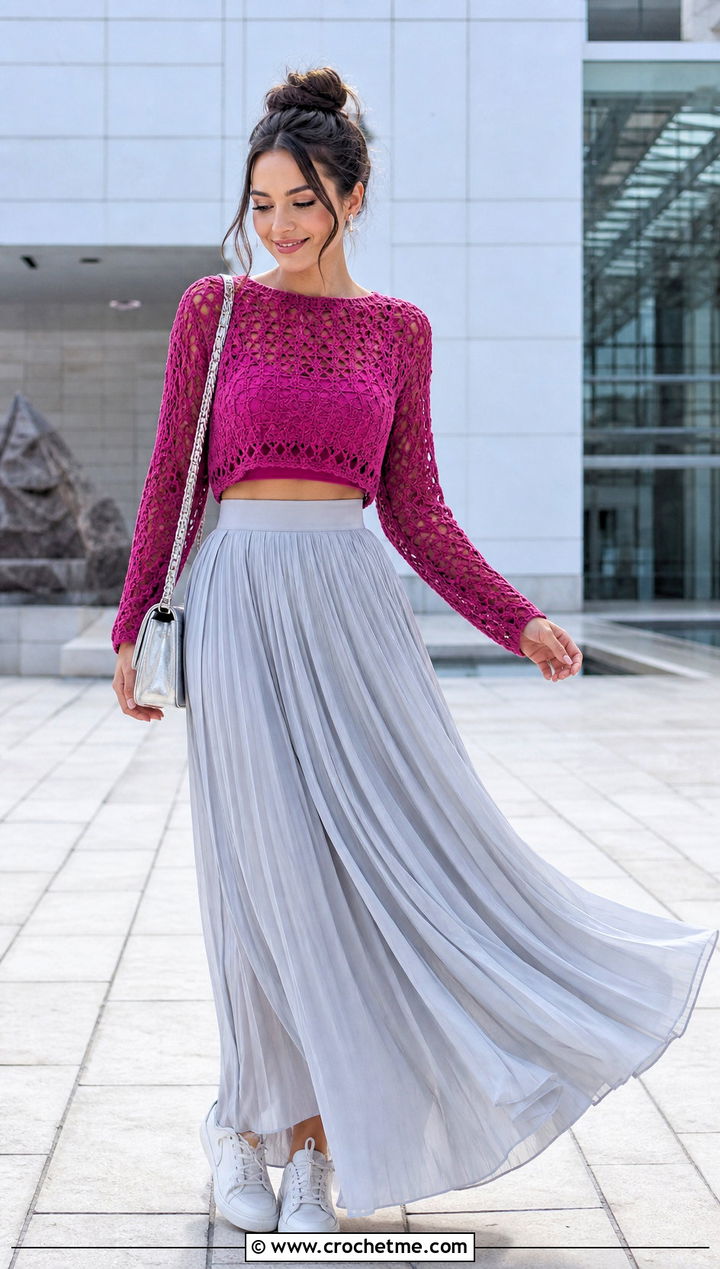 Cropped Crochet Long Sleeved Top With Pleated Maxi Skirt - 25 Crochet Long Sleeved Top outfit ideas