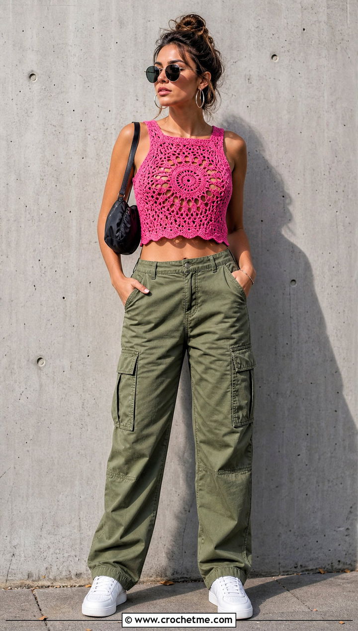 Cropped Crochet Mandala Top With Cargo Pants - 35 crochet mandala top outfit ideas