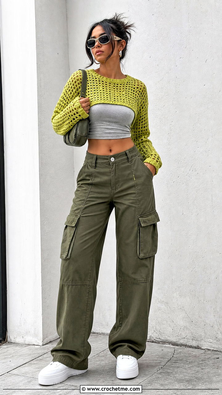 Cropped Crochet Mesh Top With Cargo Pants - 35 crochet mesh top outfit ideas