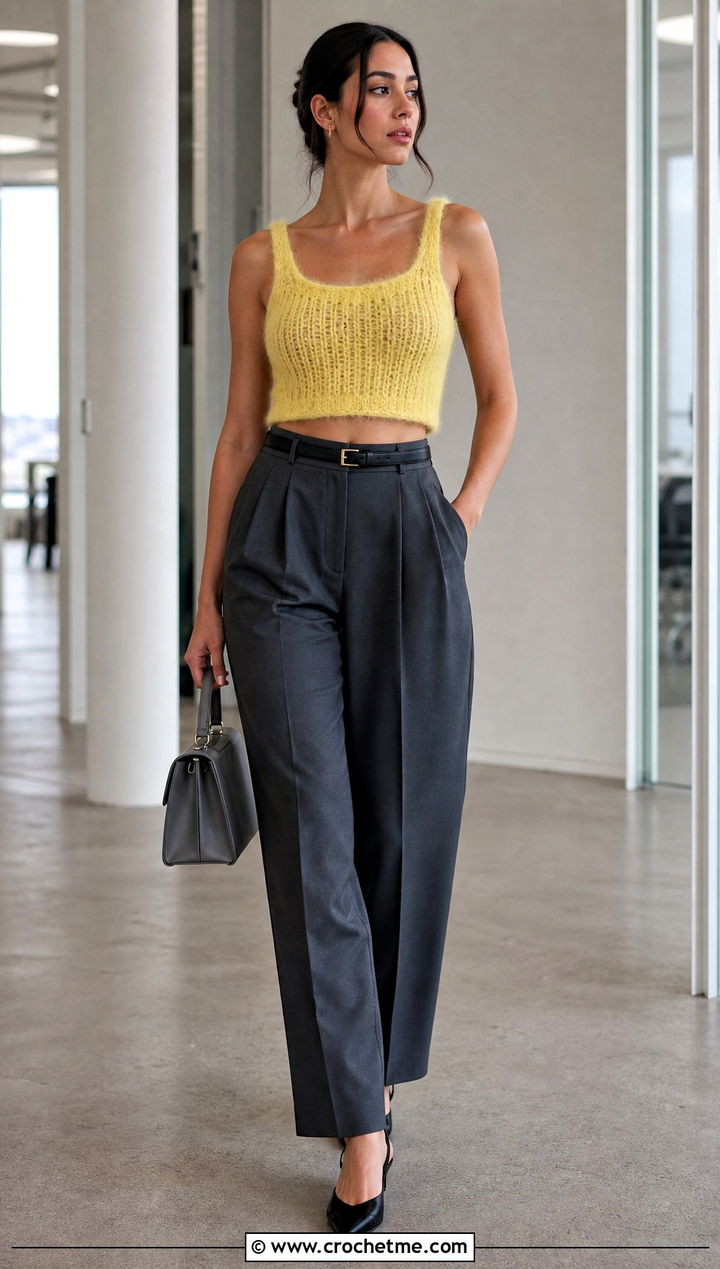 Cropped Crochet Mohair Tank Top With Tailored Trousers - 25 Crochet Mohair Tank Top outfit ideas