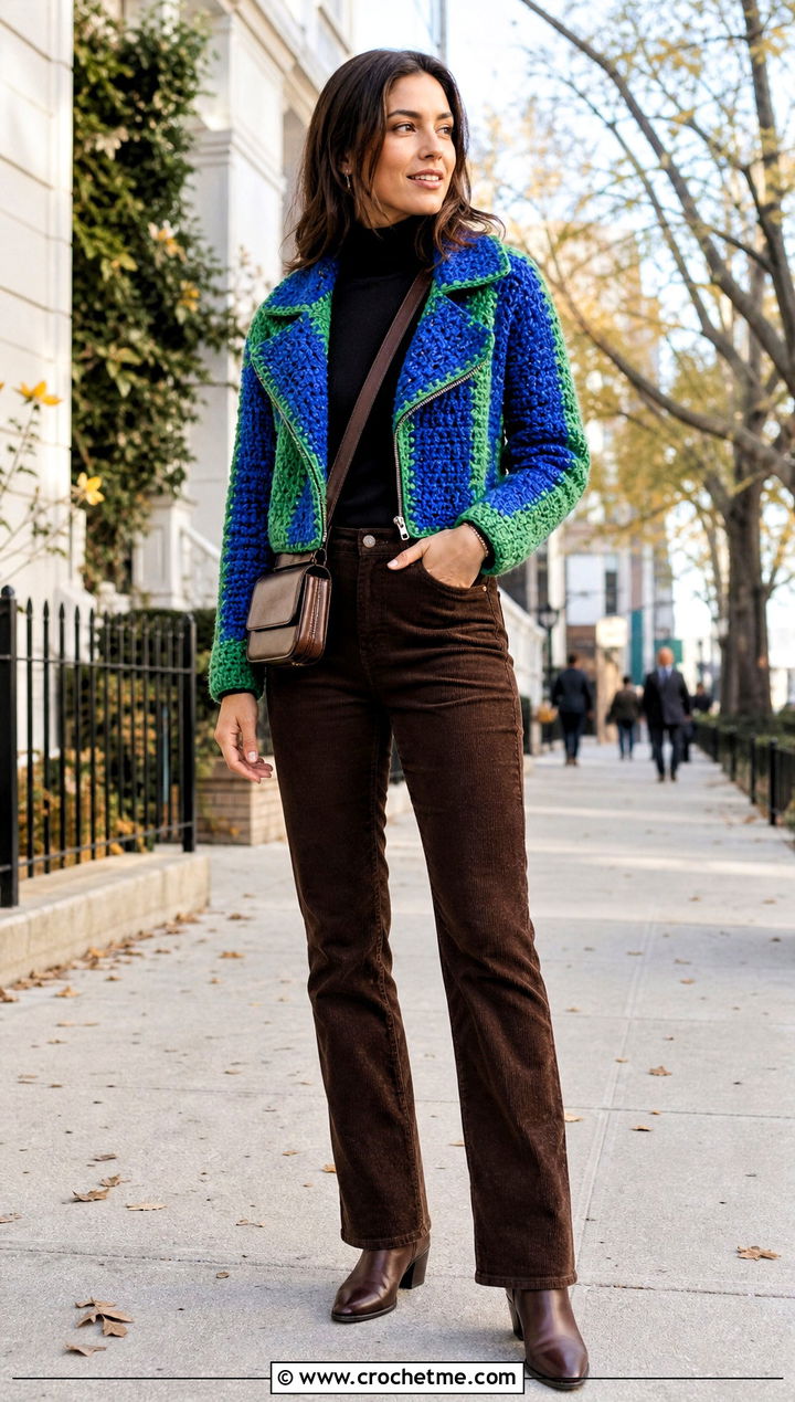 Cropped Crochet Moto Jacket With Corduroy Pants - 15 Colorful Crochet Jacket Design outfit ideas