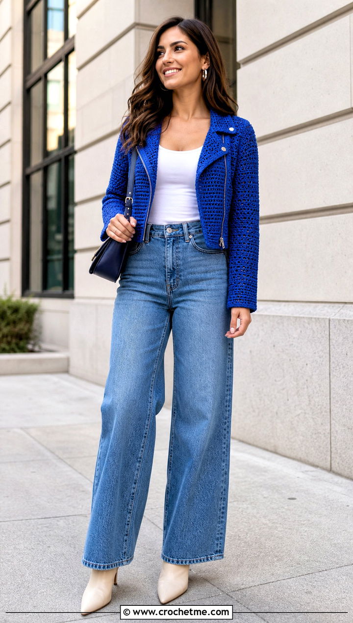 Cropped Crochet Moto Jacket With Wide Leg Jeans - 15 Crochet Moto Jacket outfit ideas