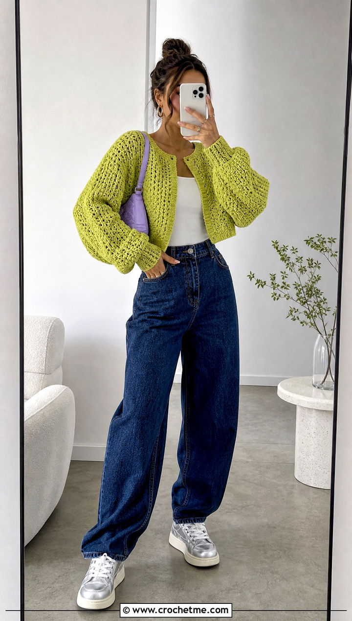 Cropped Crochet Oversized Sweater With High Waisted Jeans - 20 Easy Crochet Oversized Sweater outfit ideas