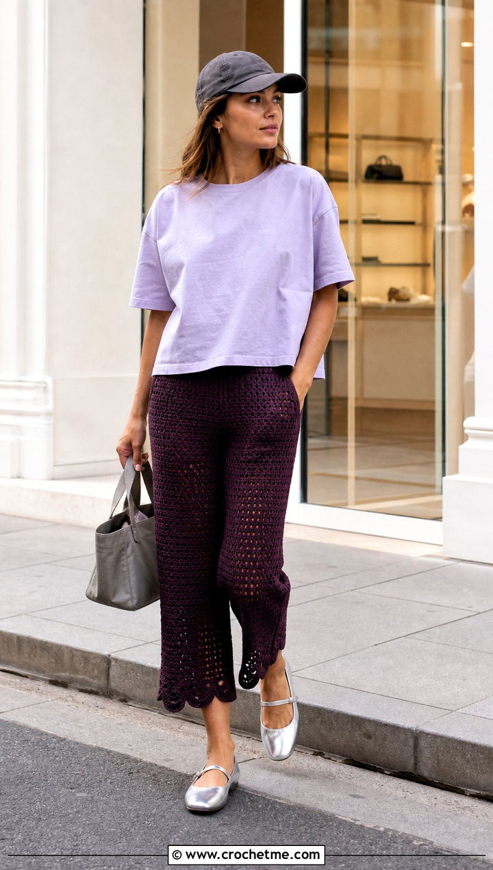 Cropped Crochet Pants With Boxy T Shirt - 20 crochet pants women outfit ideas