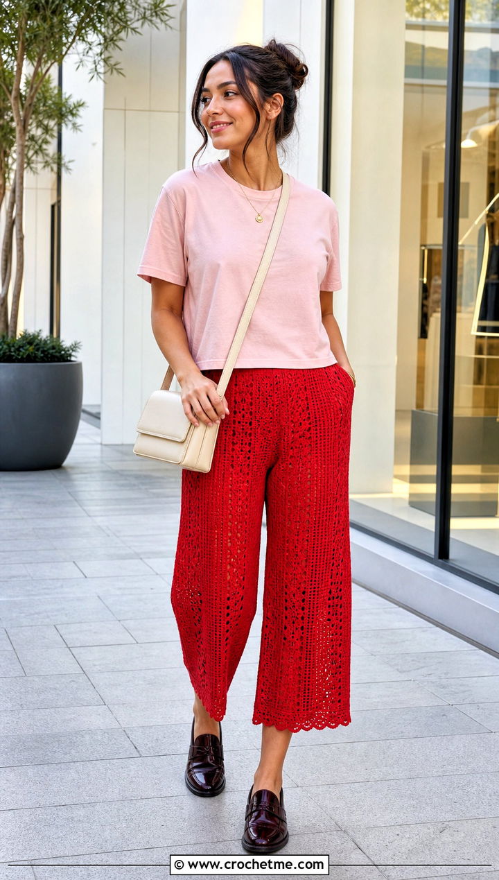 Cropped Crochet Pants With Boxy T Shirt - 25 women crocheted pants outfit ideas