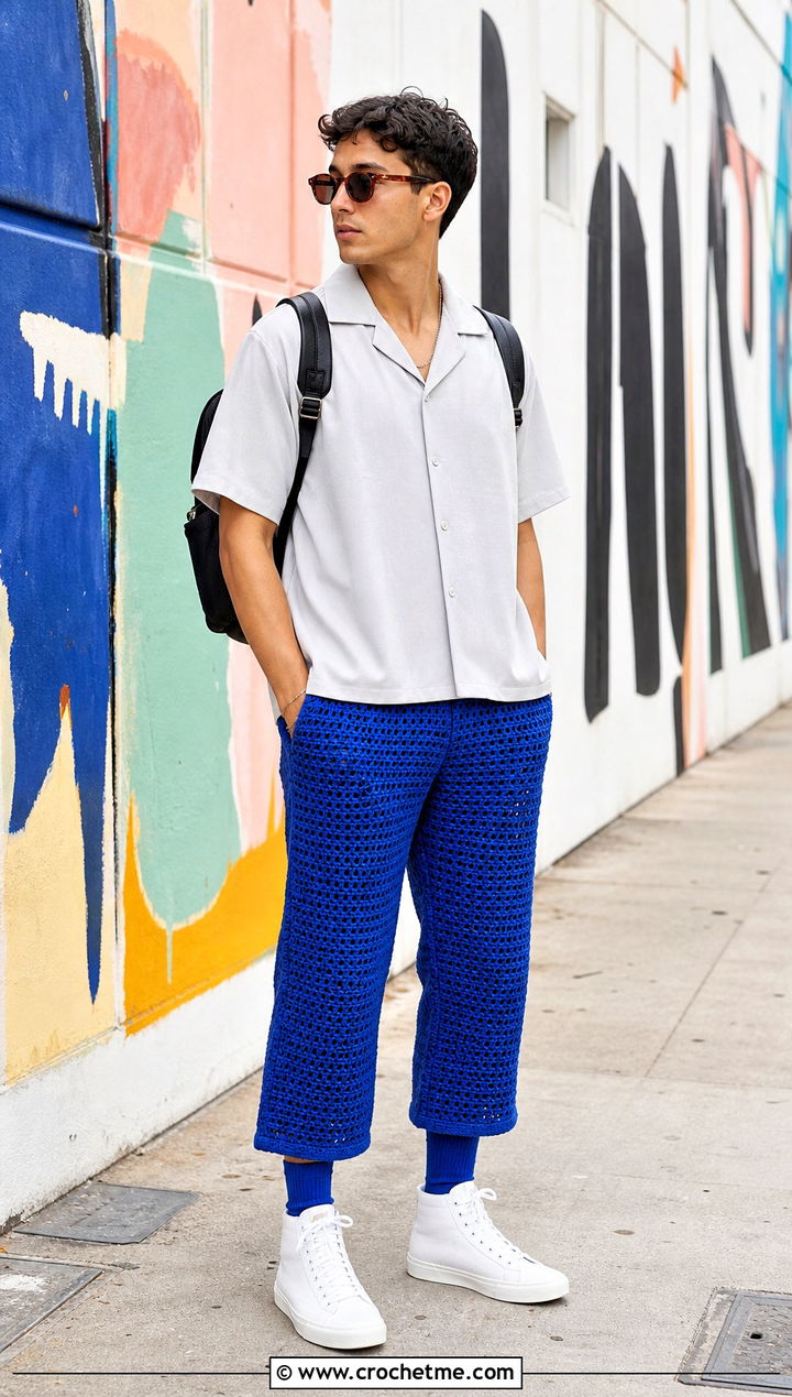 Cropped Crochet Pants With High Top Sneakers - 35 crochet pants men outfit ideas