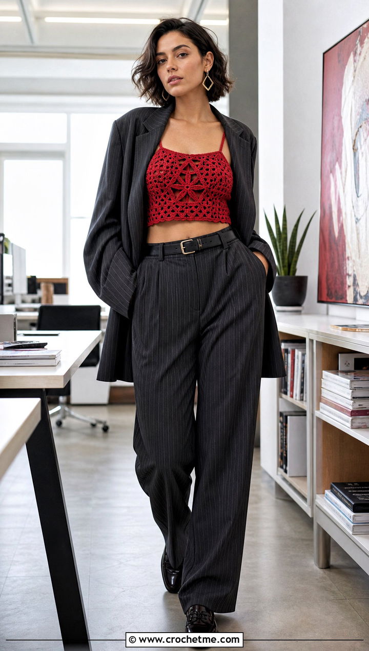 Cropped Crochet Pentagram Tank With Pinstripe Pants - 30 crochet pentagram top outfit ideas