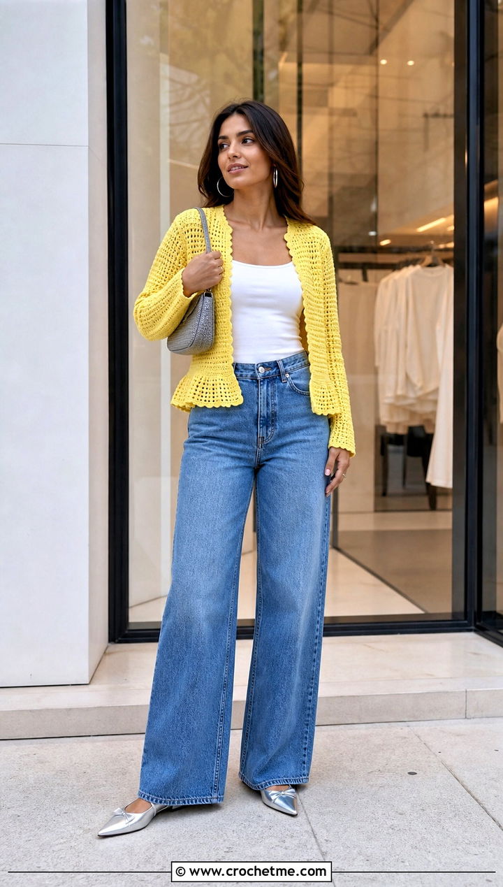 Cropped Crochet Peplum Jacket With Wide Leg Jeans - 15 crochet peplum jacket outfit ideas