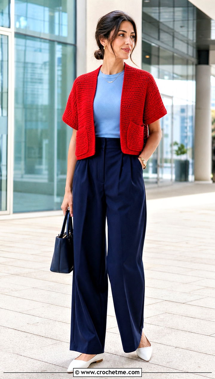 Cropped Crochet Pocket Shawl With Wide Leg Pants - 25 Easy Crochet Shawl With Pockets outfit ideas
