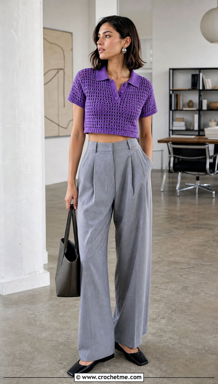 Cropped Crochet Polo Shirt With Pleated Trousers - 25 women crochet polo shirt outfit ideas