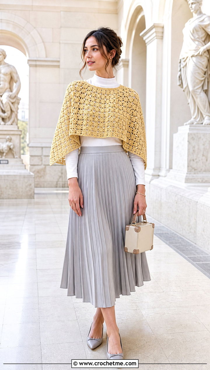 Cropped Crochet Poncho Sweater With Pleated Midi Skirt - 35 crochet poncho sweater outfit ideas