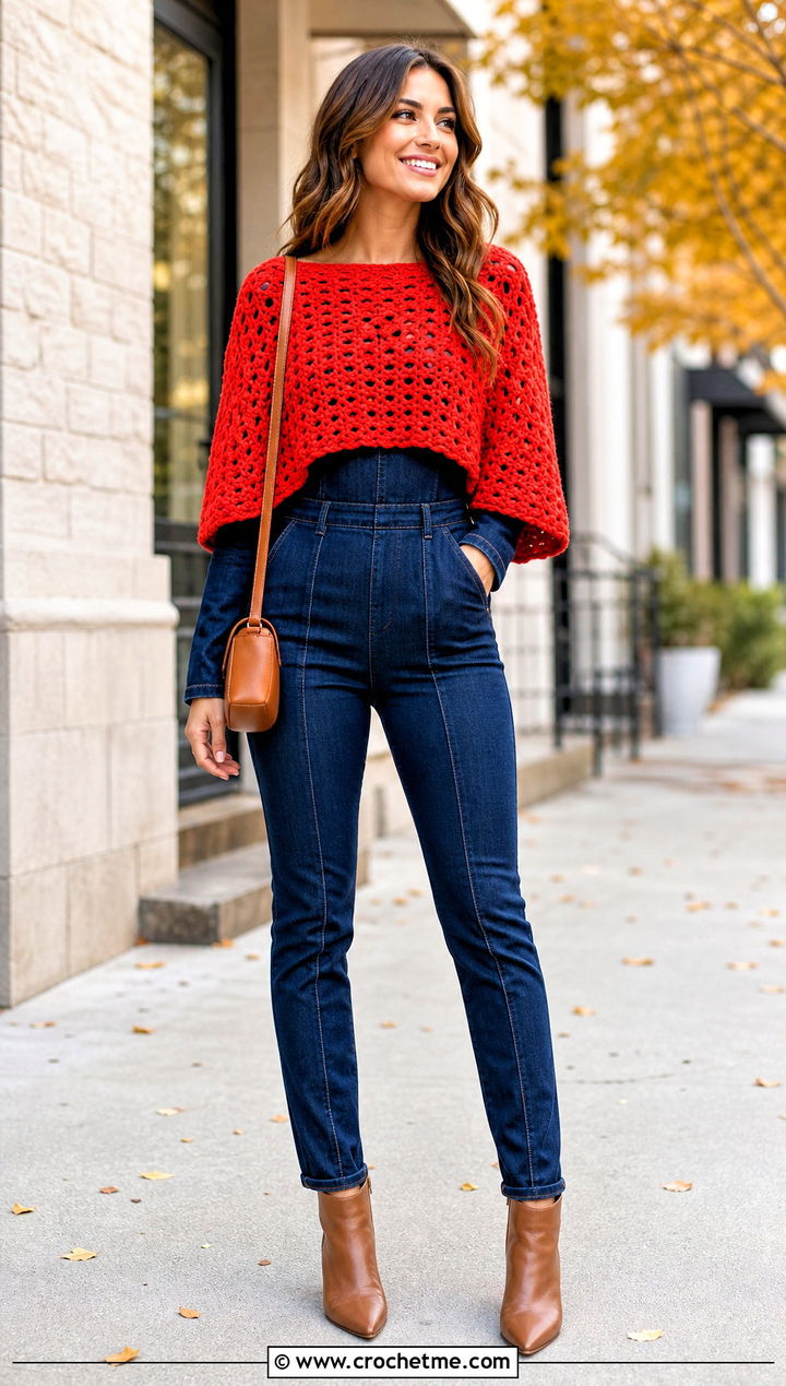 Cropped Crochet Poncho With Denim Jumpsuit - 20 Crochet Fall Poncho outfit ideas