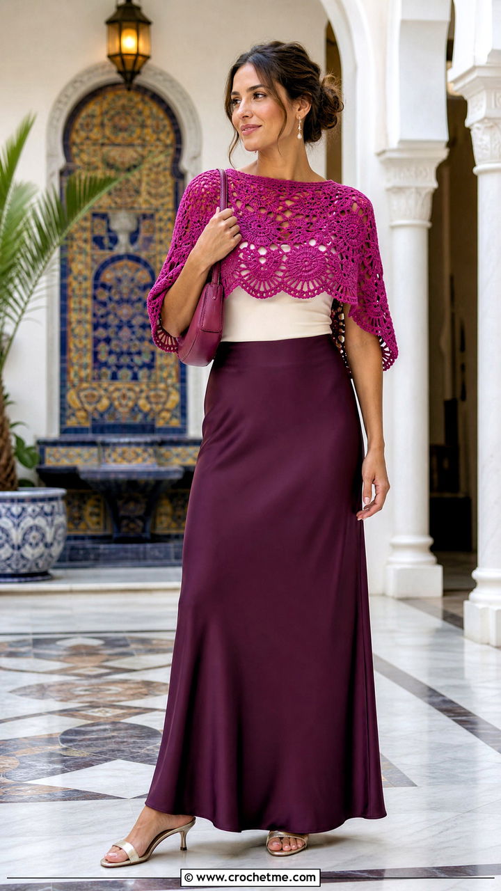 Cropped Crochet Poncho With High Waisted Maxi Skirt - 35 crochet poncho woman outfit ideas