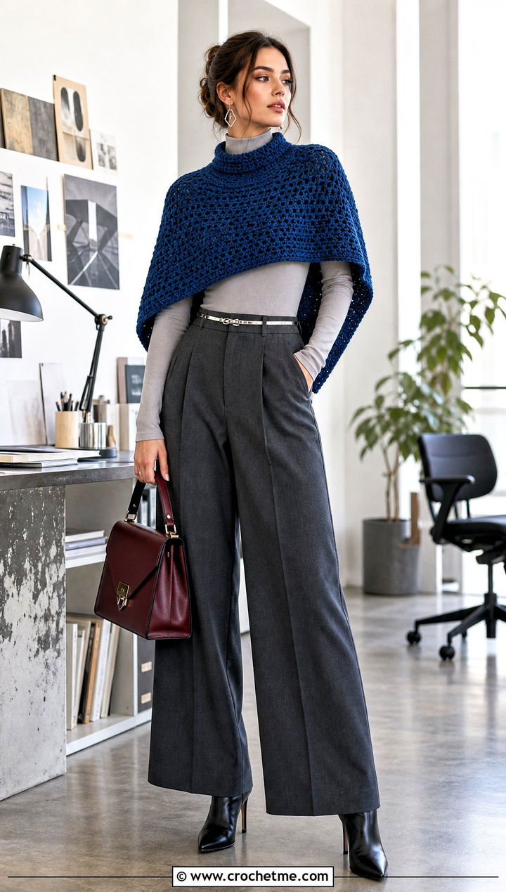 Cropped Crochet Poncho With High Waisted Trousers - 30 woman winter crochet poncho outfit ideas