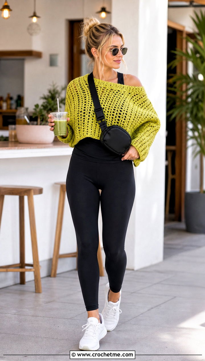 Cropped Crochet Poncho With Leggings And Sneakers - 25 Crochet For Poncho outfit ideas