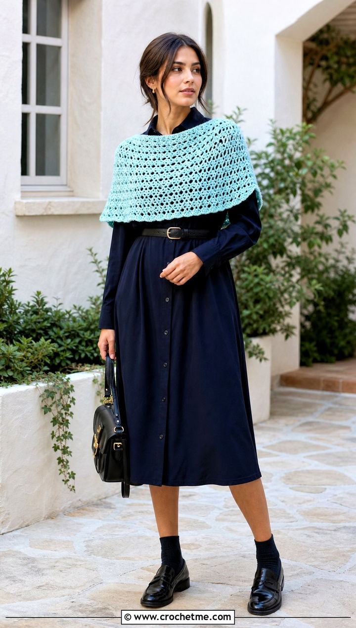 Cropped Crochet Poncho With Shirt Dress - 25 ladies crochet poncho outfit ideas
