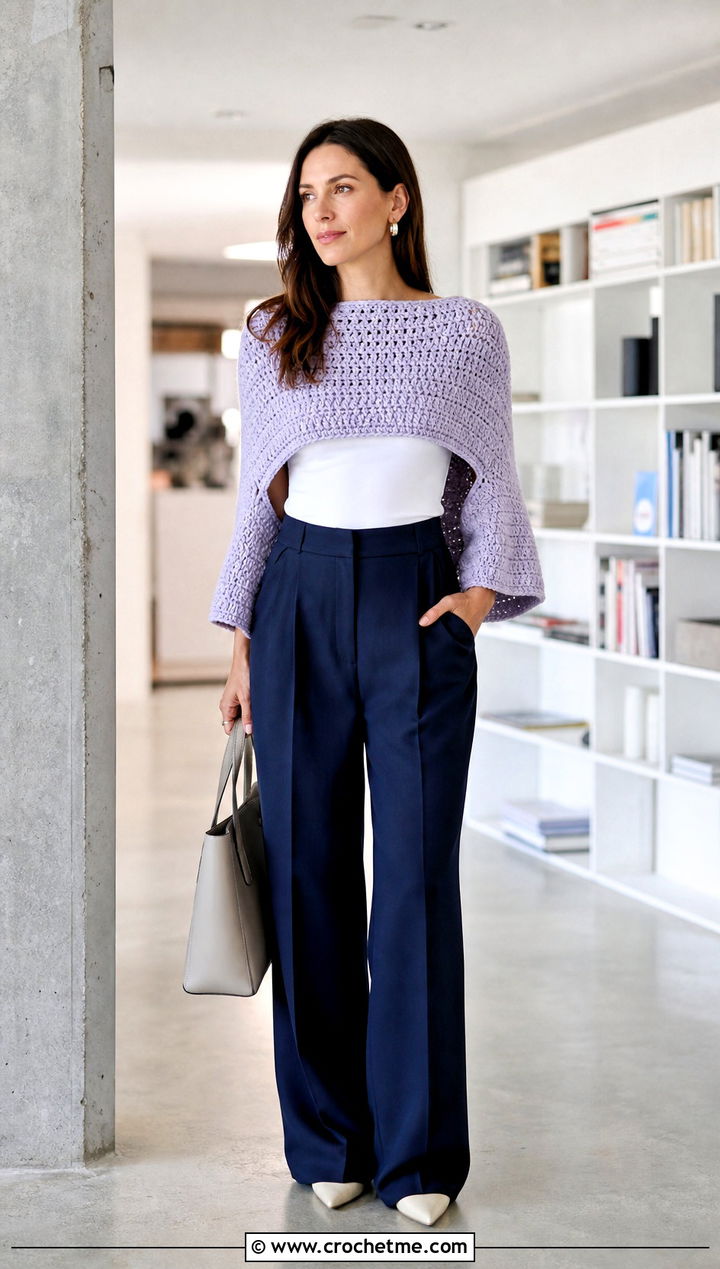 Cropped Crochet Poncho With Sleeves And High Waisted Trousers - 30 crochet poncho with sleeves outfit ideas