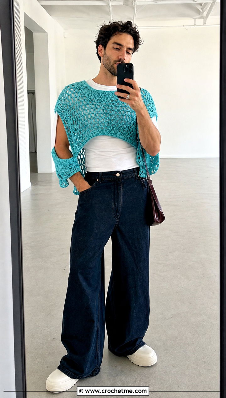 Cropped Crochet Poncho With Wide Leg Jeans - 25 mens crochet poncho outfit ideas