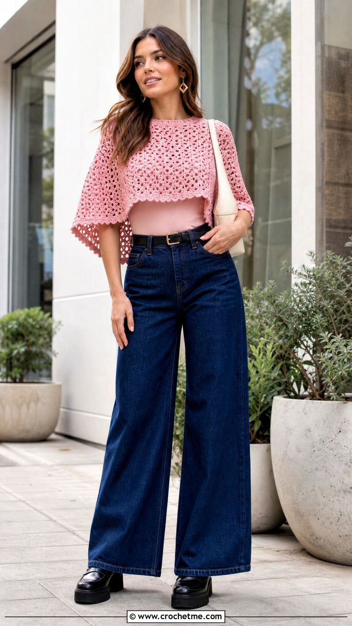 Cropped Crochet Poncho With Wide Leg Jeans - 35 crochet ponchos outfit ideas