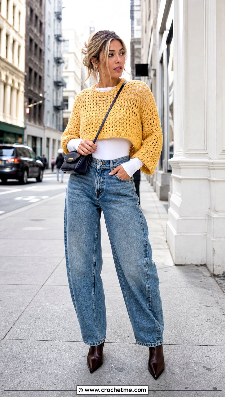 Cropped Crochet Pullover With Barrel Jeans - 25 Winter Crochet Clothes and outfit ideas