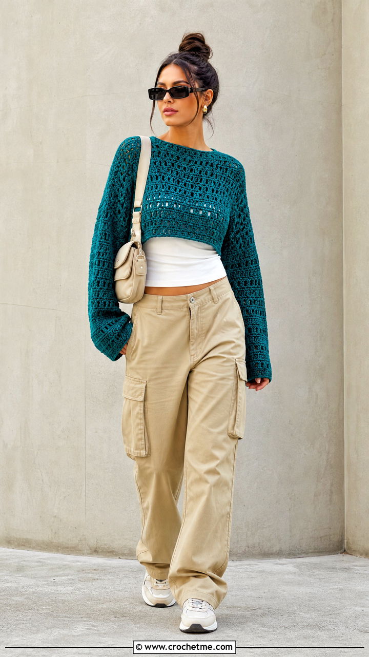 Cropped Crochet Pullover With Cargo Pants - 35 cute crochet sweaters outfit ideas