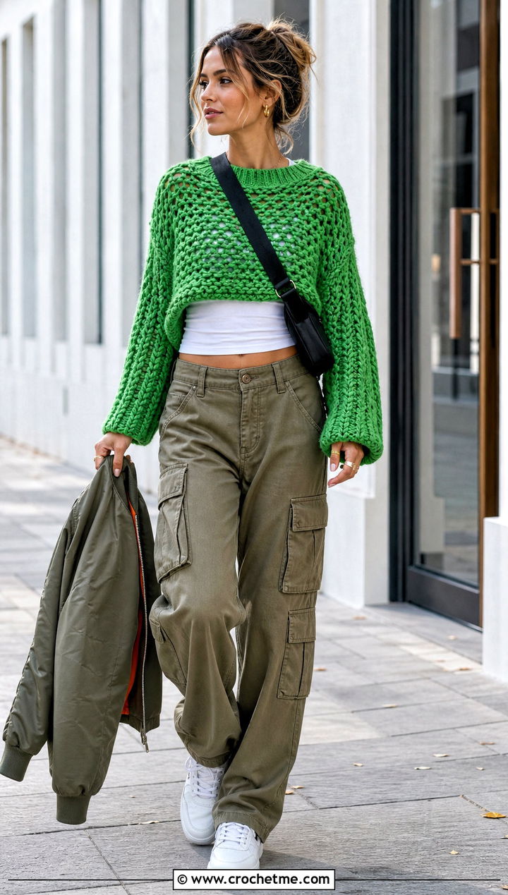 Cropped Crochet Pullover With Cargo Pants - 30 crochet fall tops outfit ideas