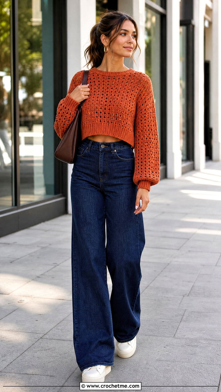 Cropped Crochet Pullover With Wide Leg Jeans - 35 crochet pullover outfit ideas