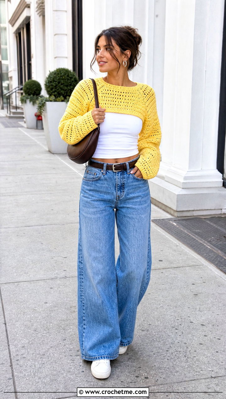 Cropped Crochet Raglan Sweater With Wide Leg Jeans - 35 crochet raglan sweater outfit ideas