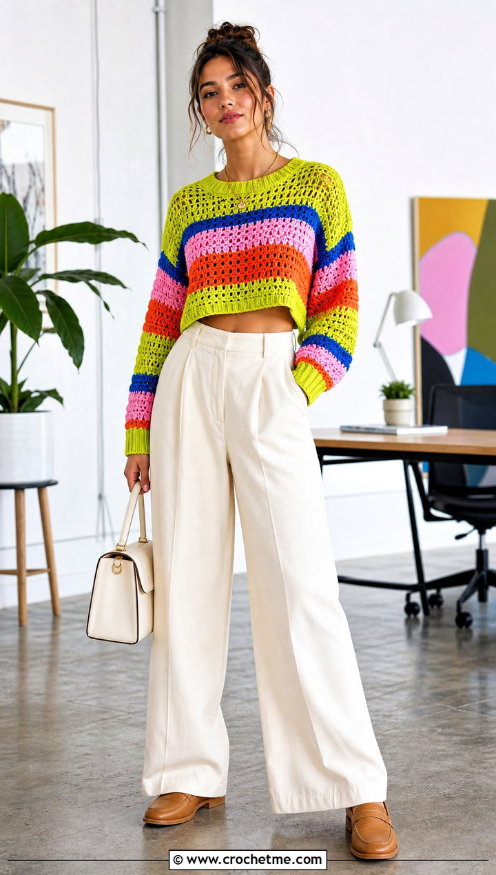 Cropped Crochet Rainbow Sweater With Wide Leg Trousers - 20 Crochet Rainbow Sweater outfit ideas
