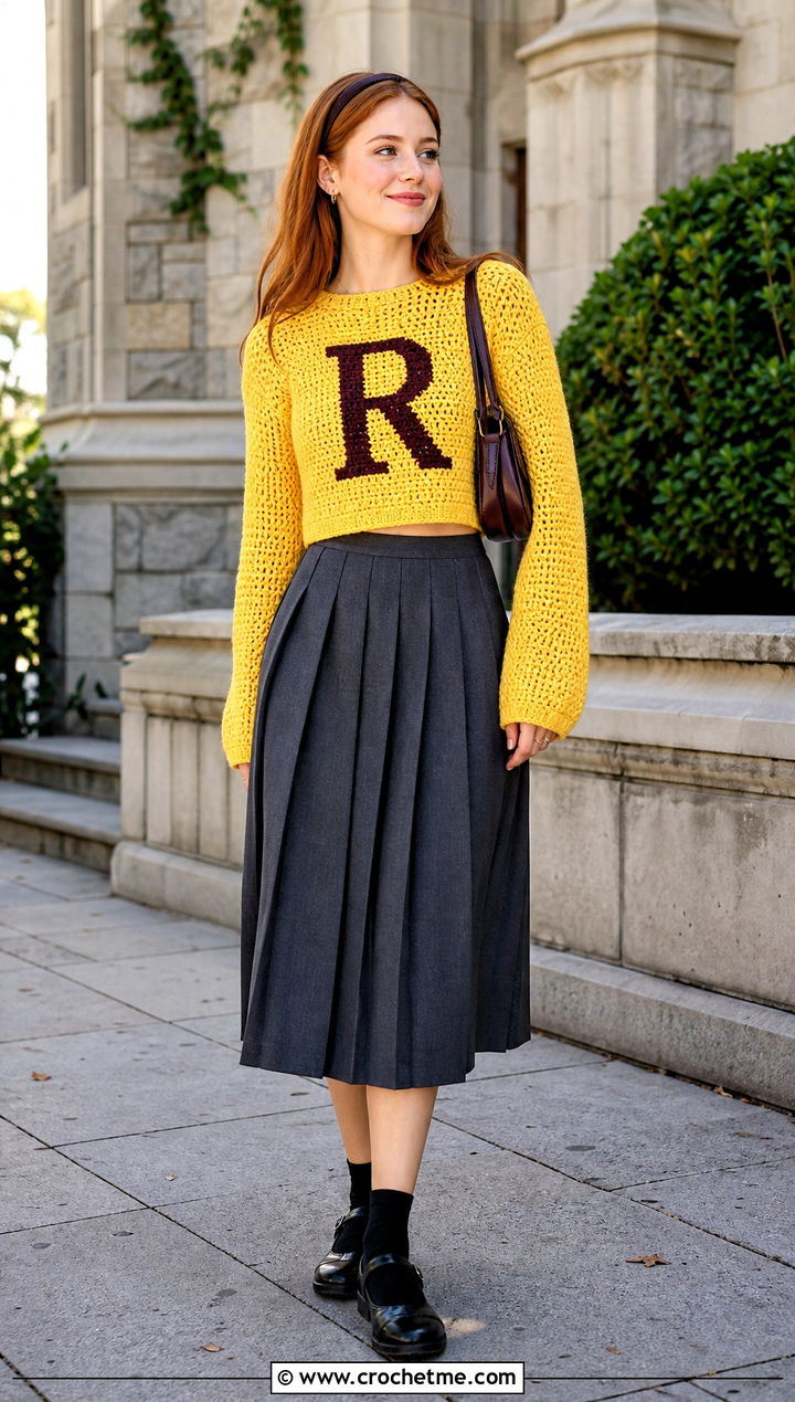 Cropped Crochet Ron Weasley Sweater With Pleated Midi Skirt - 25 Crochet Ron Weasley Sweater outfit ideas