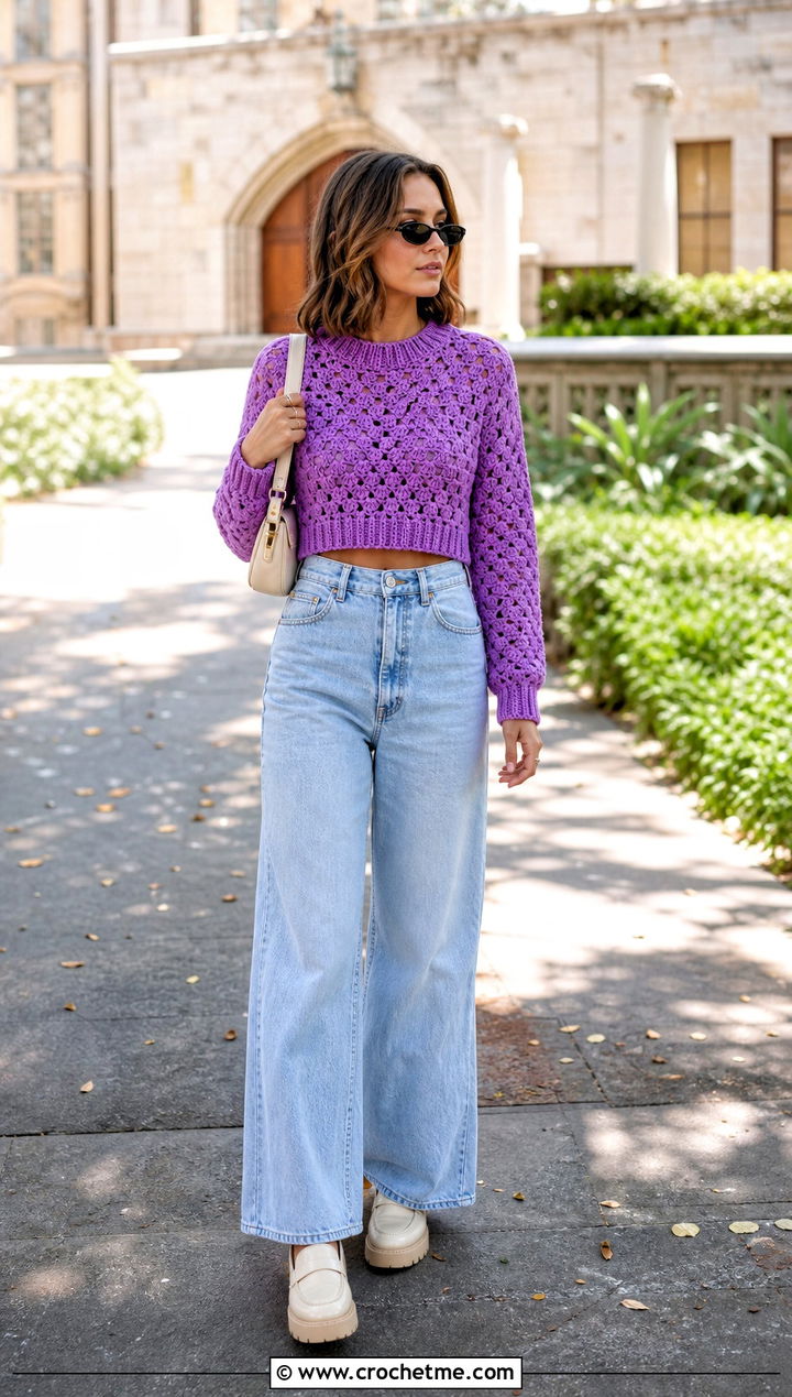 Cropped Crochet Rory Gilmore Sweater With Wide Leg Jeans - 25 crochet rory gilmore sweater outfit ideas