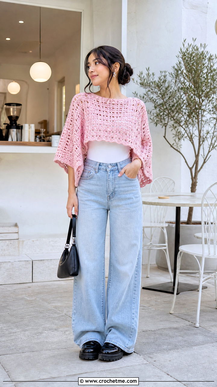Cropped Crochet Ruana With Wide Leg Jeans - 35 crochet ruana outfit ideas