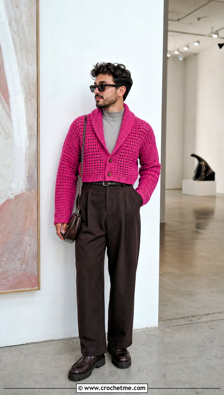 Cropped Crochet Shawl Collar Cardigan With High Waist Trousers - 20 Mens Crochet Shawl Collar Cardigan outfit ideas