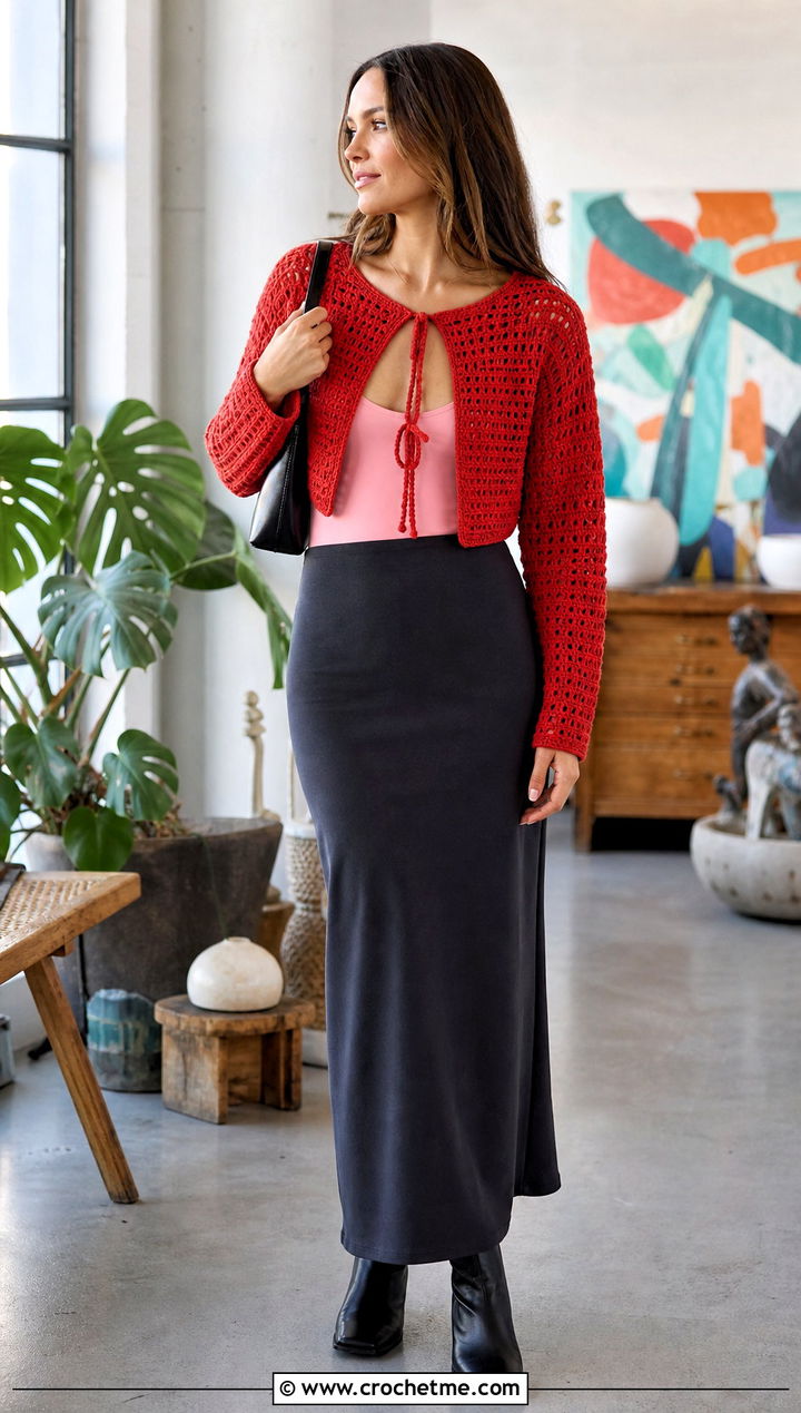 Cropped Crochet Shawl Sweater With Maxi Skirt - 25 crochet shawl sweater outfit ideas