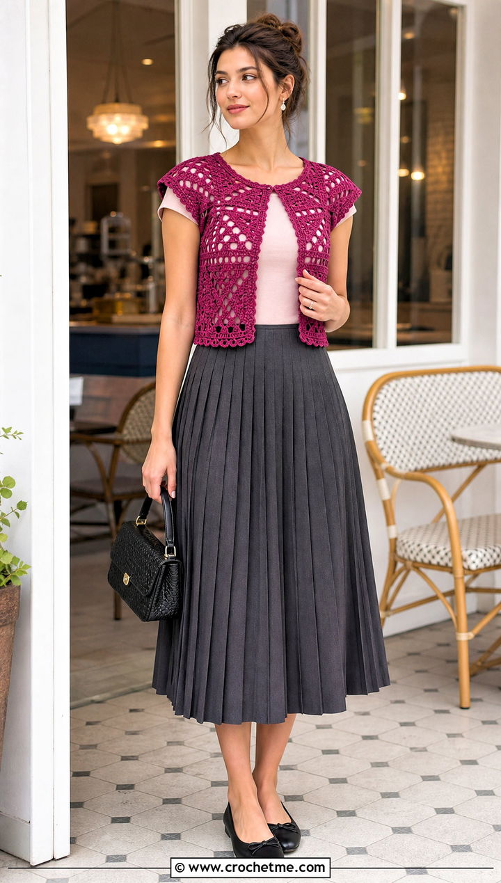 Cropped Crochet Shawl Vest With Pleated Midi Skirt - 25 crochet shawl vest outfit ideas