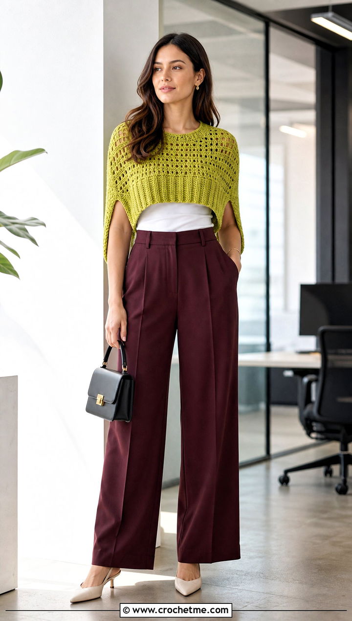 Cropped Crochet Shawl With Arm Holes And High Waisted Pants - 30 crochet shawl with arm holes outfit ideas
