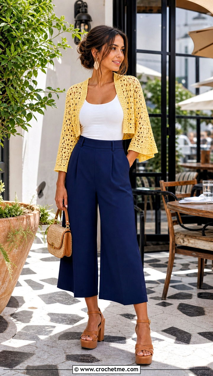 Cropped Crochet Shawl With Sleeves And High Waisted Culottes - 35 crochet shawl with sleeves outfit ideas