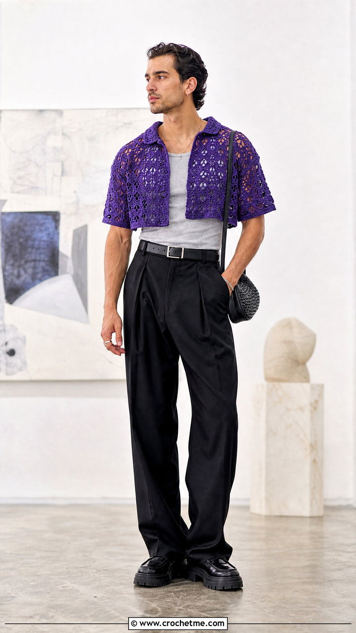 Cropped Crochet Shirt With High Waisted Trousers - 35 crochet male shirt outfit ideas