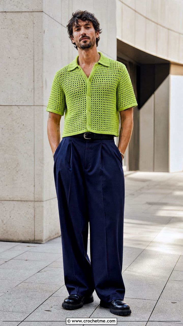 Cropped Crochet Shirt With High Waisted Trousers - 35 crochet shirt men outfit ideas