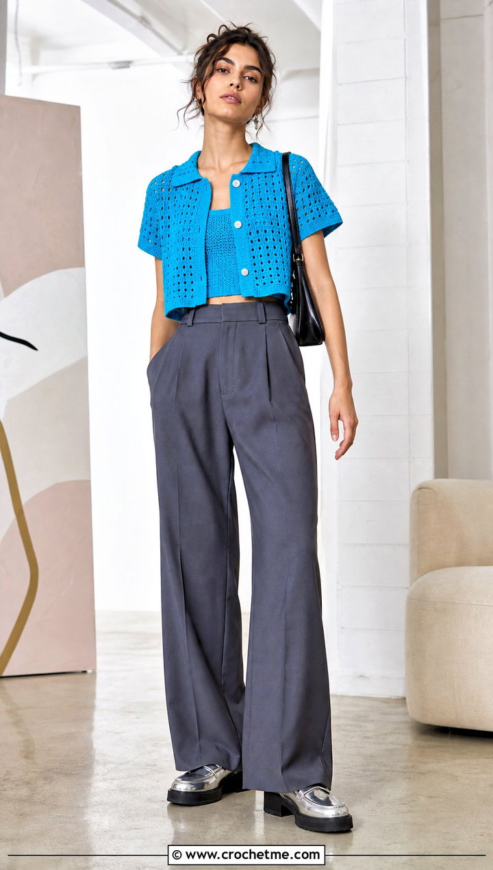 Cropped Crochet Shirt With High Waisted Trousers - 30 crochet unisex shirt outfit ideas