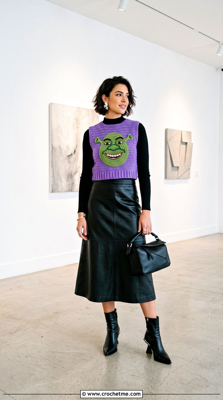 Cropped Crochet Shrek Vest With Leather Midi Skirt - 15 Crochet Shrek Vest outfit ideas