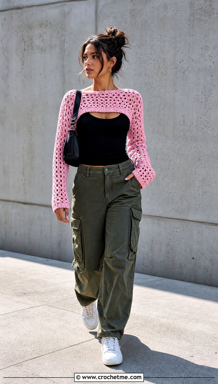 Cropped Crochet Shrug Top With Tank And Cargo Pants - 35 crochet layering top outfit ideas